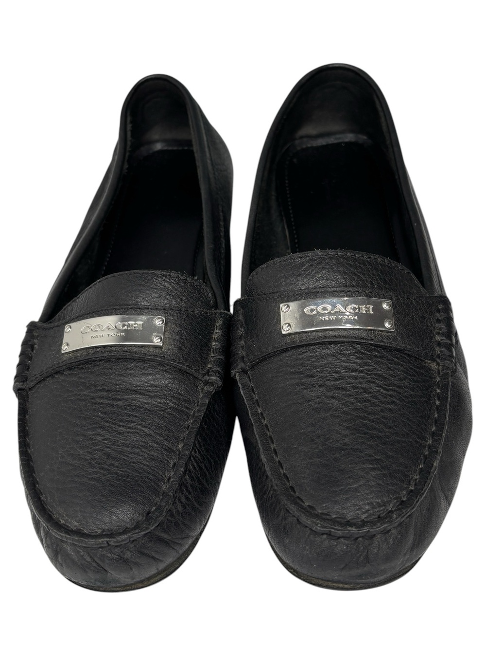 Coach Fredrica Loafers Womens Shoe 8.5 Black Pebbled Leather Logo Plate Moccasin
